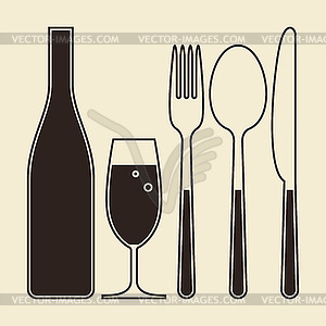 Bottle, glass of champagne, fork, knife and spoon - vector image