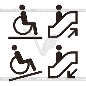 Escalator and facilities for disabled symbols - vector clip art