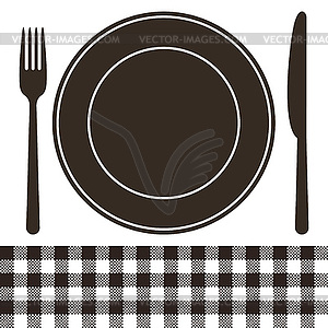 Cutlery, plate and tablecloth pattern in black and - color vector clipart