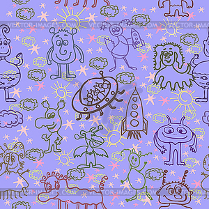 Alien Happy Cute Monsters Seamless Pattern - vector clipart