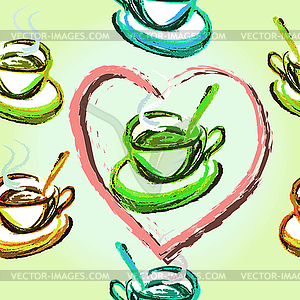 Seamless pattern watercolor with cup of tea, coffee - color vector clipart