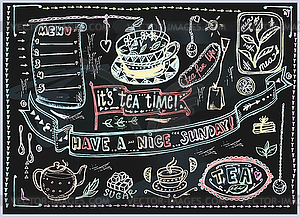 Tea set graphic element for menu on blackboard - vector clipart