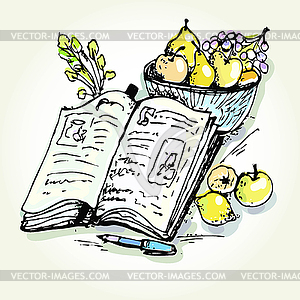 Stylized sketch cookbook recipes with fruit - vector clipart