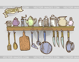 Графика, художественное, стилизованное полка с посудой - клипарт в формате EPS