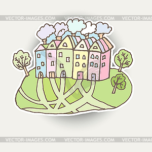 Sticker with picture houses. Design for la - vector image