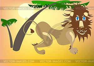 Lion under palm trees - stock vector clipart
