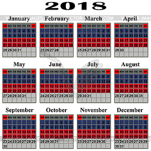 Calendar for 2018 year - color vector clipart