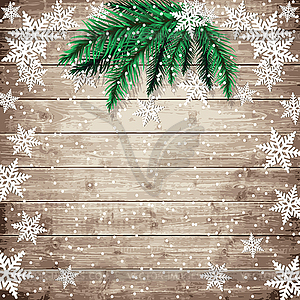 Fir tree branches and snowflakes on wooden board - vector clip art