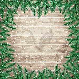 Fir tree branches and snowflakes on the wooden board. - vector image