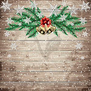 Fir tree branches, snowflakes and bells on wooden - vector clip art