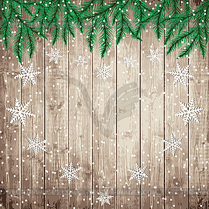 Fir tree branches and snowflakes on wooden board - vector clipart