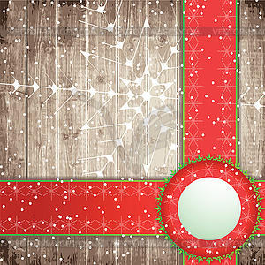 Red tapes and snowflakes on wooden board background - vector image