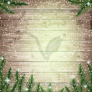 Fir tree branches and snowflakes on wooden board - vector image