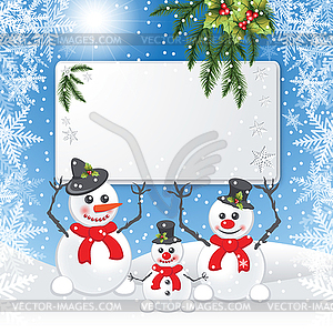 Three snowmen keep white board. - vector image