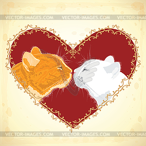 Two beloved cats on heart shape background - royalty-free vector image