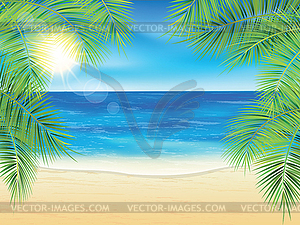 Sand beach and palm branches at sunset time - vector clipart
