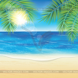 Песчаный пляж и пальмовые ветви во время заката - клипарт в векторе