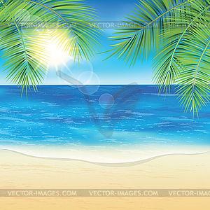 Sand beach and palm branches at sunset time - vector image