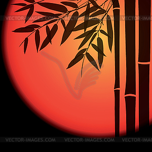 Bamboo trees and leaves with red sun - vector clip art