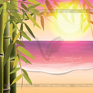 Bamboo trees and leaves on sand beach background - royalty-free vector clipart