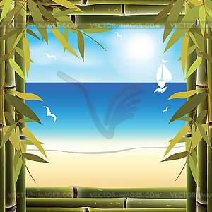 View of seashore of resort bungalow window. - vector clipart