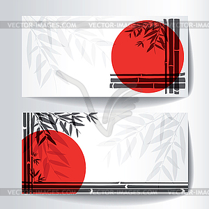 Banners with bamboo trees and leaves with red sun - vector image