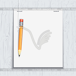 Hanging pencil by paper sheet - vector image