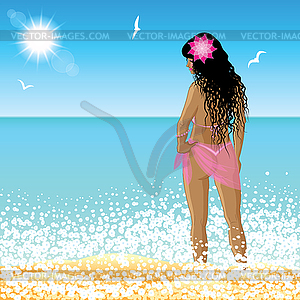 Молодая женщина стоит на пляже во время заката - векторное изображение