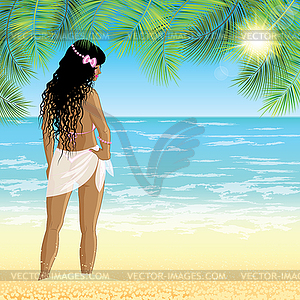 Молодая женщина стоит на пляже во время заката - векторное графическое изображение