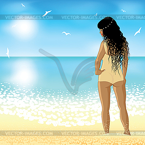 Young woman stands on beach at sunset time - vector clip art