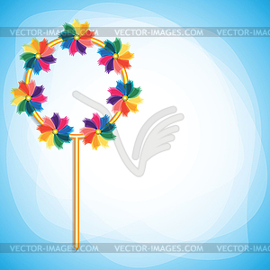 Colorful windmills on blue-white background - color vector clipart