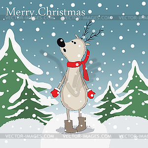 Cartoon reindeer in winter forest - vector image