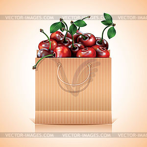Many cherries in paper bag - vector clipart