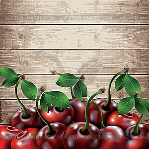 Many cherries on wooden texture background - vector clip art