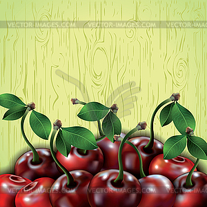 Many cherries on wooden texture background - vector clip art