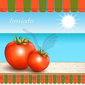 Red fresh tomatoes on table by window - vector clip art