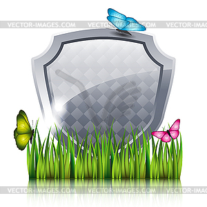 Gray shield with flying butterflies by grass - vector clip art