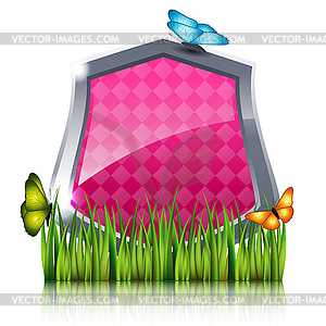 Red shield with flying butterflies by grass - vector image