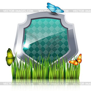 Shield with flying butterflies by grass - vector clipart