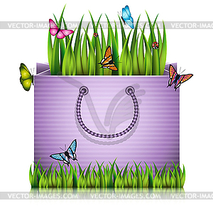 Paper shopping bag with fragment of grass - vector image