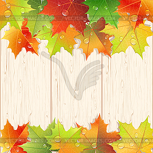 Wooden texture decorated by autumn maple leaves - vector clipart