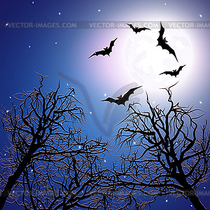 Flock of bats above trees at night time - vector clip art