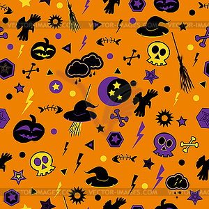 Halloween symbols on orange background - vector image