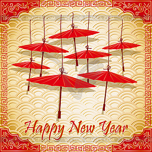 Chinese red umbrellas on abstract background - vector clipart