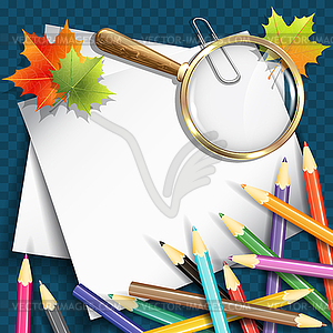 Paper sheets, pencils and magnifying glasses - vector image