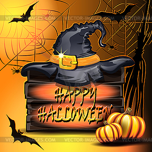 Pumpkins, hat on box and bats in basement - vector EPS clipart