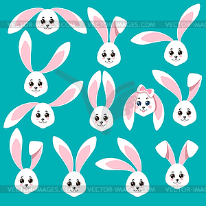 Happy easter postcard. Rabbit heads on blue - vector image