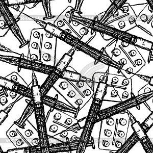 Sketch syringe and tablets package in vintage style - vector image