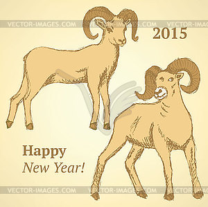 Sketch New Year ram in vintage style - vector clip art