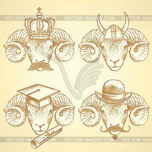 Sketch unusual rams set - vector image